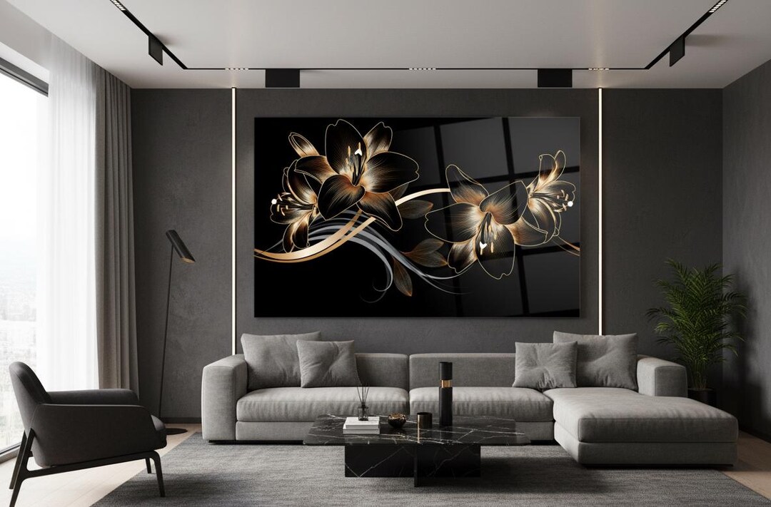 Black & Gold Floral Tempered Glass Wall Art – Modern Home Decor - Etsy
