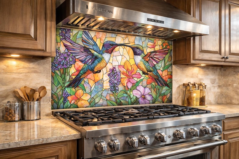 Stained Glass Kitchen Backsplash | Hummingbird Floral Artglass Panel ...