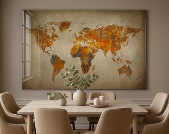 World Map Glass Wall Art, Modern Office Decor, Travel Inspiration