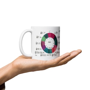 May include: A white ceramic mug featuring a colorful circular music theory diagram. The design includes a multi-colored wheel with musical notes, staff notation, and the text "Minor" printed in the center, surrounded by various musical keys.