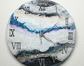 Resin Geode Wall Clock – White, Blue, Gold Abstract Art, 16 Inch Roman Silent Clock