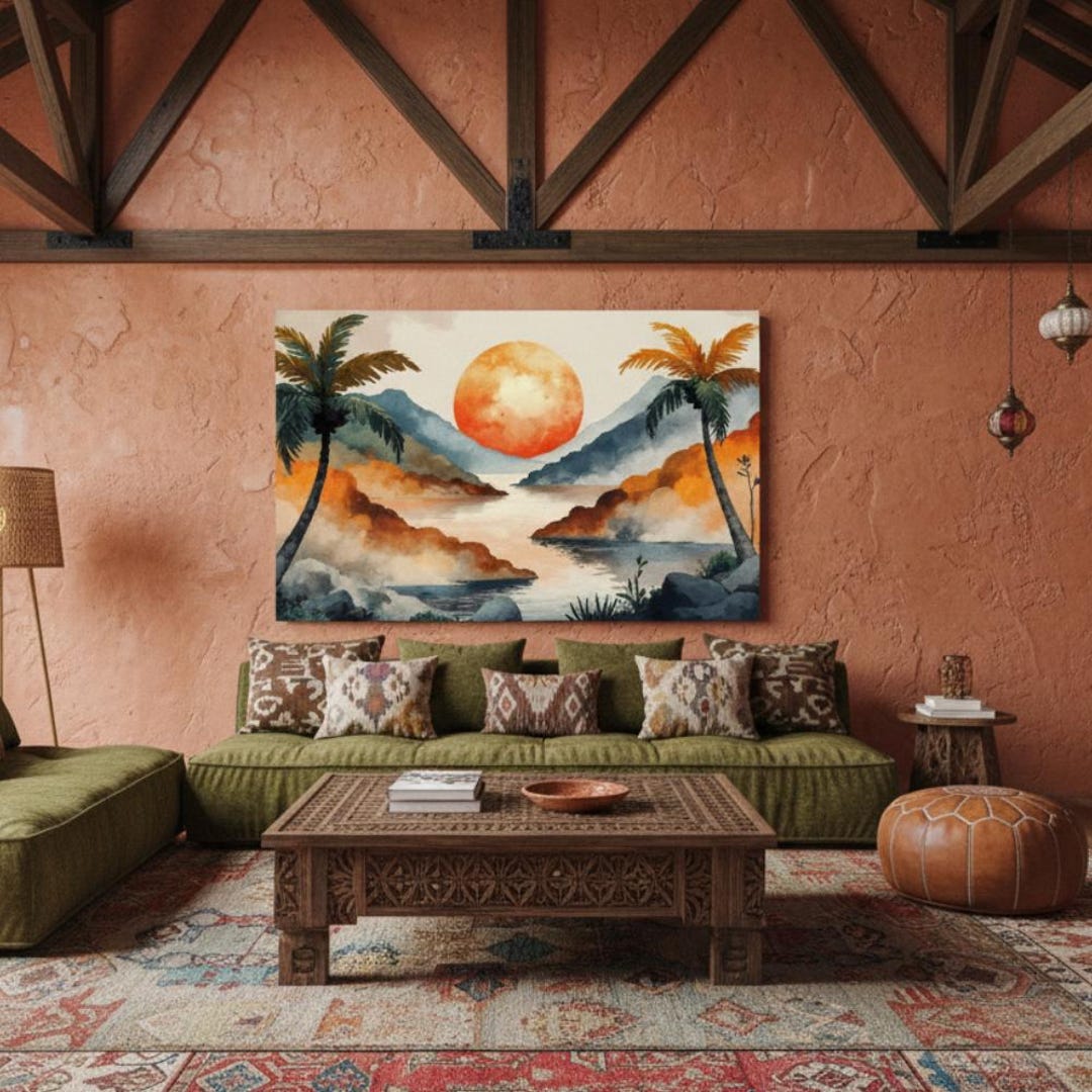 Tropical Sunset Landscape Wall Art Canvas Palm Tree Mountain Lake ...