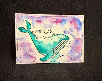 Whale & Polar Bear Daydream – Original ACEO Watercolor Miniature Painting 2.5”x3.5” Ocean Art