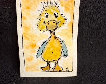 Fluffy Duckling – Original Watercolor ACEO, Whimsical Miniature Art 2.5x3.5