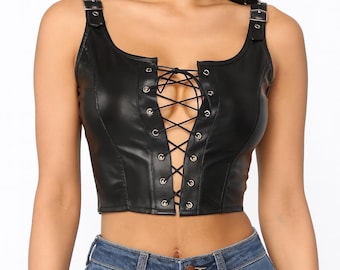 Black Leather Corset: Women's Genuine Cowhide Party Dress | Gothic Style Body Top |