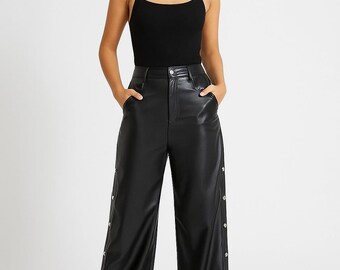 Pantalones de cuero negro de tiro alto, piel de vaca auténtica, ropa de fiesta