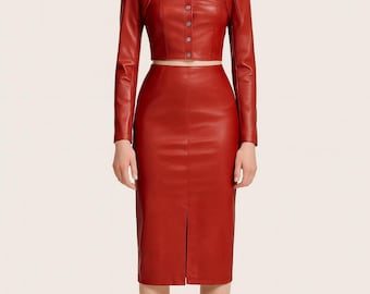 Vestido de cuero para mujer: Traje de cuero rojo de vaca hecho a mano / Falda y top para fiesta / Entallado