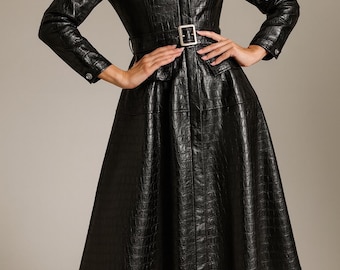 Women's Handmade Black Leather Dress: Cowhide Crocodile Design Mid Length Frock | Party Wear Dress