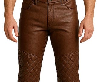 Pantalones de cuero de vaca marrón para hombre: estilo motero acolchado hecho a mano