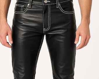 Men's Slim-Fit Cowhide Leather Pants, Classic Black