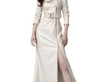 Vestido largo de piel de vaca auténtica / Abrigo largo de piel color blanco roto para mujer, gabardina para fiestas / Abrigo ajustado de largo completo