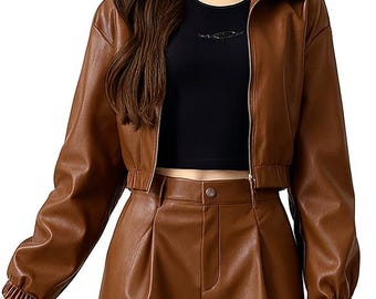 Women's Brown Genuine Leather Outfit - Jacket and Pant Set