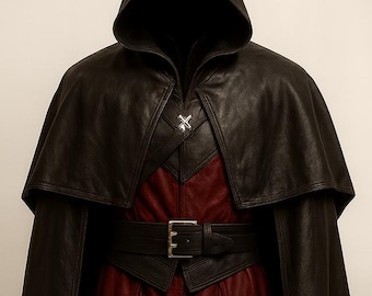 Disfraz de capa de cuero negro para hombre: Vestido de cosplay de guerrero de piel de vaca auténtica