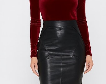 Falda de cuero genuino: falda elegante negra de fiesta para mujer / Moda urbana / Cinturón de cintura alta