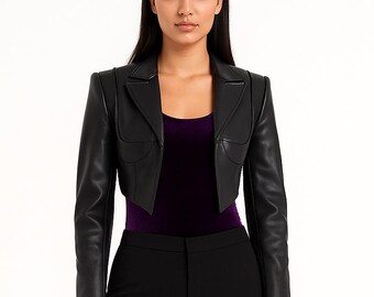 Chaqueta de manga larga de corte elegante y a la moda para mujer - Chaqueta corta de piel de vacuno negra: