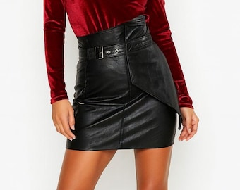 Falda de cuero negro auténtico para mujer: Falda de piel de vaca para fiestas / Moda urbana / Cinturón de talle alto