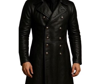 Abrigo Chester de cuero para hombre - Gabardina de cuero genuino de vaca negro / Cortavientos / Abrigo de fiesta /