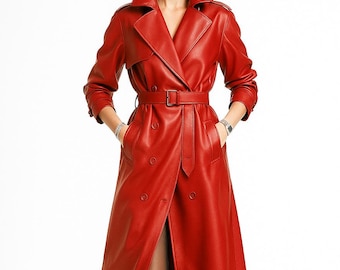 Abrigo largo de mujer estilo doble planchado - Gabardina de piel de vacuno auténtica roja - Abrigo de fiesta