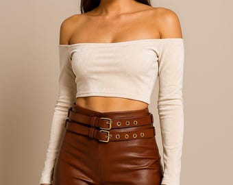 Women's Original Brown Cowhide Leather Shorts- Gothic Party Wear Knicker -  Plain Biker Leather - High Waist Knicker