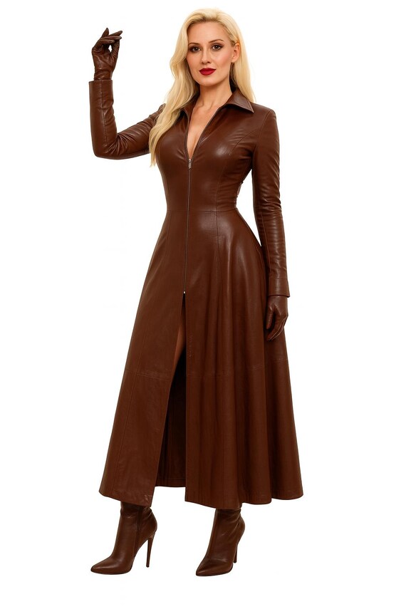 Women's Brown Outerwear - Genuine Leather Long Coat,