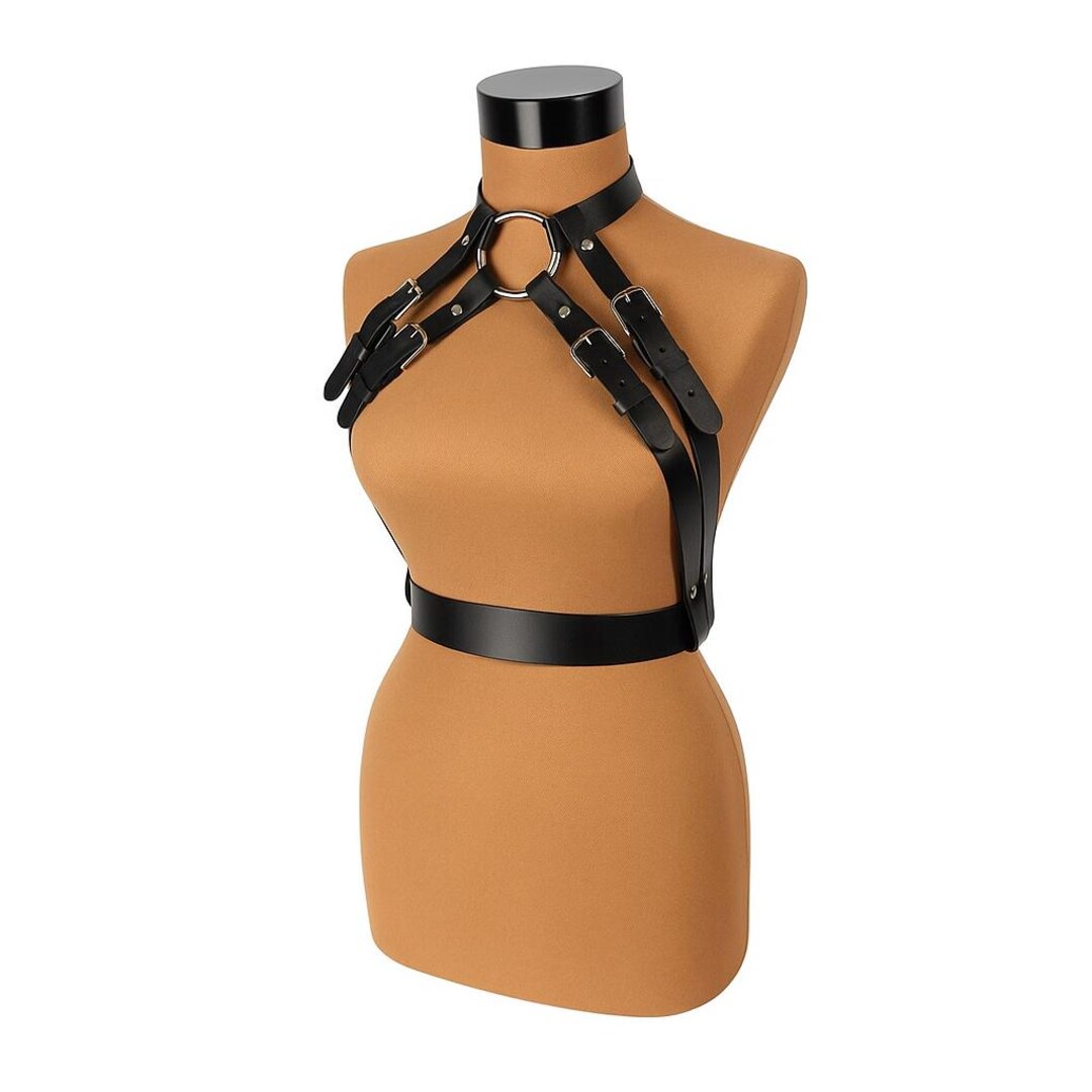 Black O Ring Faux Leather Harness Bondage New Black Faux Leather O-Ring Harness with Adjustable Chain  main image 3