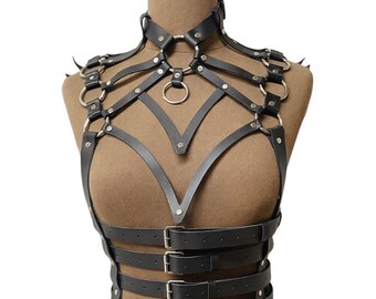 Arnés de cuero BDSM para mujer - Diseño ajustable con anilla en O - Cinturones de cuero negro