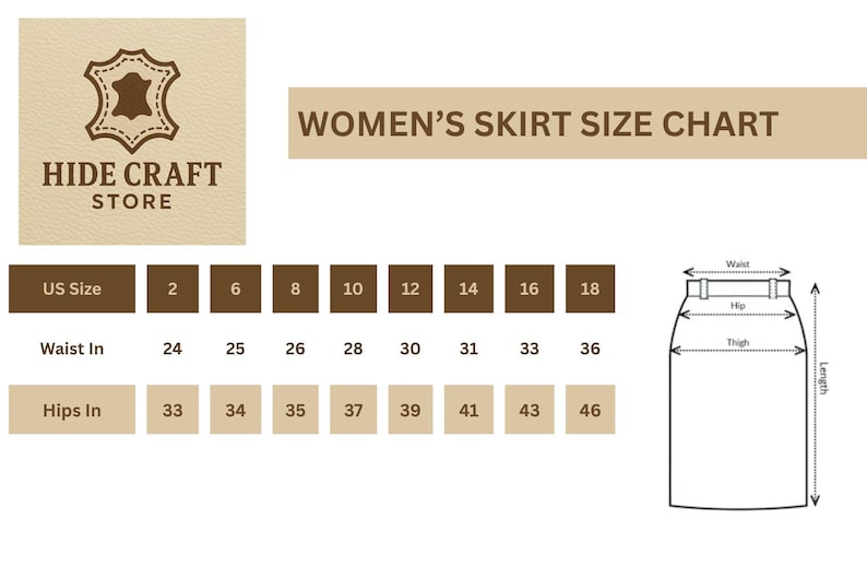 Puede incluir: Tabla de tallas de faldas para mujer, con medidas en pulgadas. La tabla incluye tallas estadounidenses de la 2 a la 18, con medidas de cintura y cadera. Un diagrama ilustra las dimensiones de la falda, incluyendo cintura, cadera, muslo y largo.