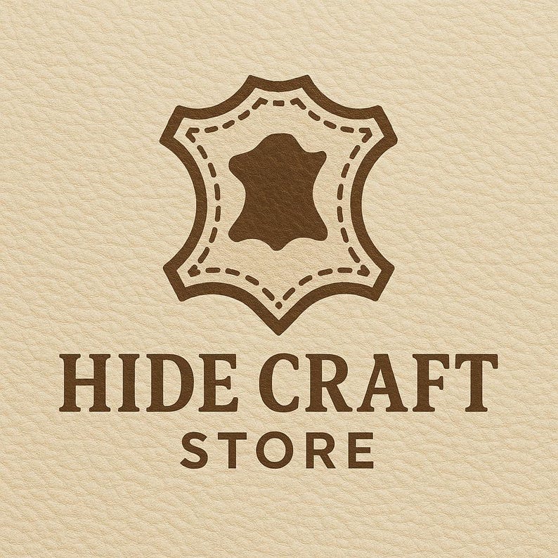 Puede incluir: Logotipo de Hide Craft Store, con una forma de piel de cuero marr&oacute;n con un contorno cosido. El texto "HIDE CRAFT STORE" se muestra en marr&oacute;n, en fuente serif, debajo del logotipo, sobre un fondo beige texturizado.