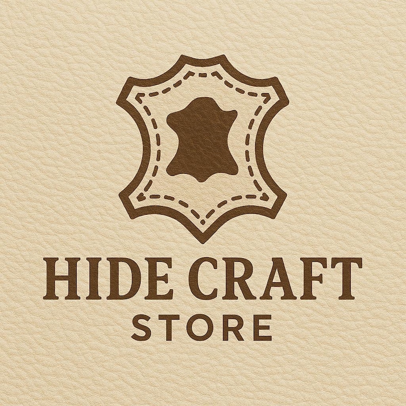 May include: Logo for Hide Craft Store, featuring a brown leather hide shape with a stitched outline. The text "HIDE CRAFT STORE" is displayed in a serif font below the logo, all on a textured beige background.