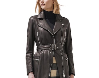 Chaqueta larga de piel de vacuno negra auténtica para mujer - Cortavientos / Chaqueta de fiesta con bolsillos