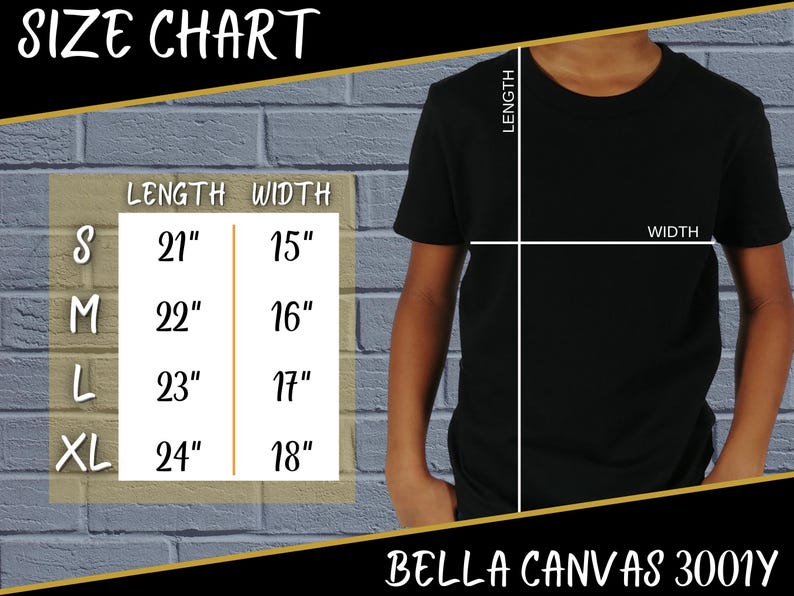 Peut inclure: T-shirt noir avec un tableau des tailles indiquant les mesures de longueur et de largeur en pouces. Le tableau comprend les tailles S, M, L et XL. Le texte "SIZE CHART" est en haut et "BELLA CANVAS 3001Y" en bas.
