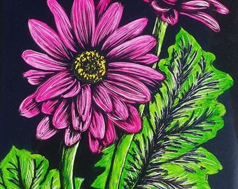 Dessin original de Scratchboard fleurs roses