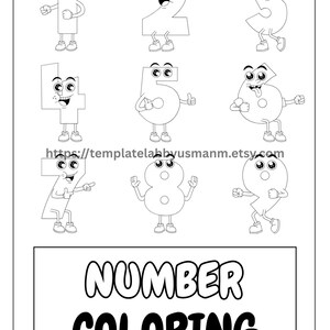 Könnte beinhalten: Schwarz-Weiß-Illustration von Cartoon-Zahlen 1 bis 9 mit Gesichtern, Armen und Beinen. Jede Zahl hat einen einzigartigen Ausdruck und eine einzigartige Pose. Der Text "NUMBER COLORING" ist ebenfalls enthalten.