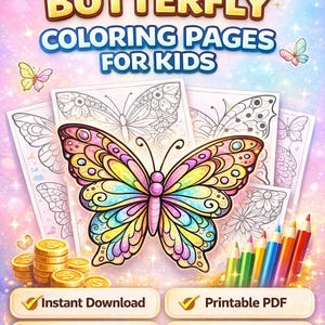 Könnte beinhalten: Eine farbenfrohe Illustration für Malvorlagen für Kinder. Das Bild zeigt einen großen, bunten Schmetterling mit komplizierten Mustern, umgeben von mehreren schwarz-weißen Schmetterlingskonturen. Text lautet "CUTE BUTTERFLY COLORING PAGES FOR KIDS". Enthält "Sofort-Download", "Druckbares PDF", "20+ Seiten" und "Alter 3-8".