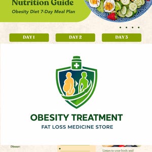 Könnte beinhalten: Ein Ernährungsratgeber zur Behandlung von Übergewicht. Das grün-weiße Design zeigt den Text "Nutrition Guide" und "Obesity Diet 7-Day Meal Plan". Gezeigt wird ein Teller mit Eiern, Erdbeeren und Gurken.