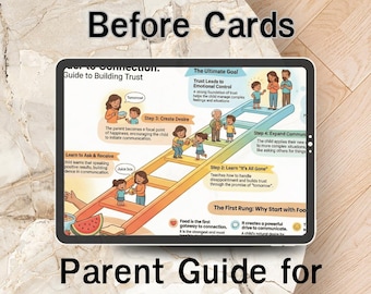 Op de afbeelding: Een tablet met een kleurrijke ouderhandleiding voor spraakvertraging, getiteld "Build Trust Before Cards". De handleiding bevat illustraties van ouders en kinderen, met tekst die de stappen uitlegt om vertrouwen op te bouwen en communicatie aan te moedigen.