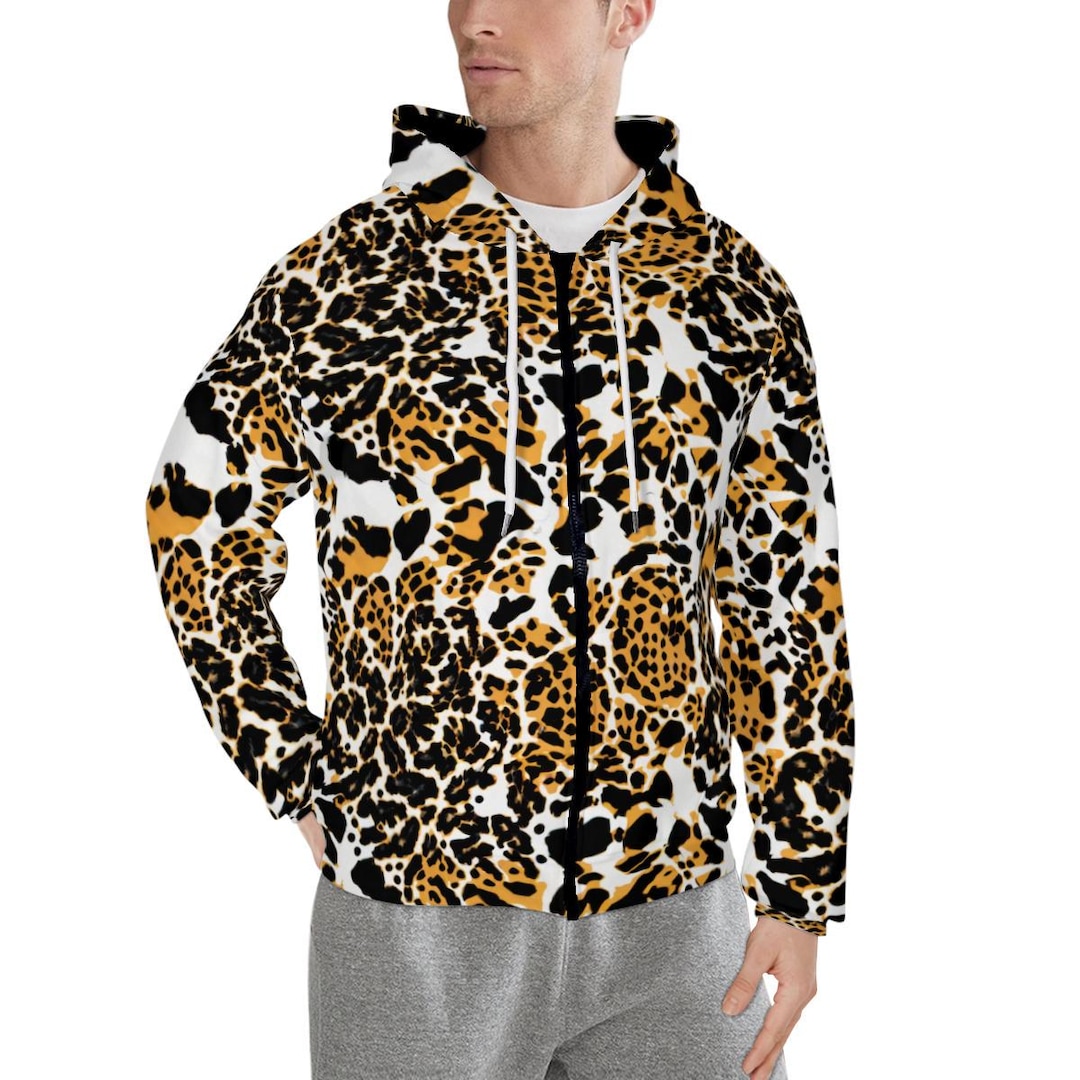 Bold White Leopard Print Men's Zip Hoodie - All-over Animal