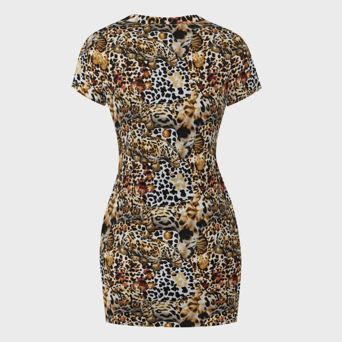 Leopard Print Bodycon Mini Dress Short Sleeve Tight-fitting Women's Party Dress
