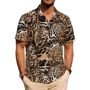 May include: Short-sleeved button-down shirt with a bold leopard print pattern in shades of brown, tan, and black. The shirt features a classic collar and button closure. The overall design gives a wild and exotic look.