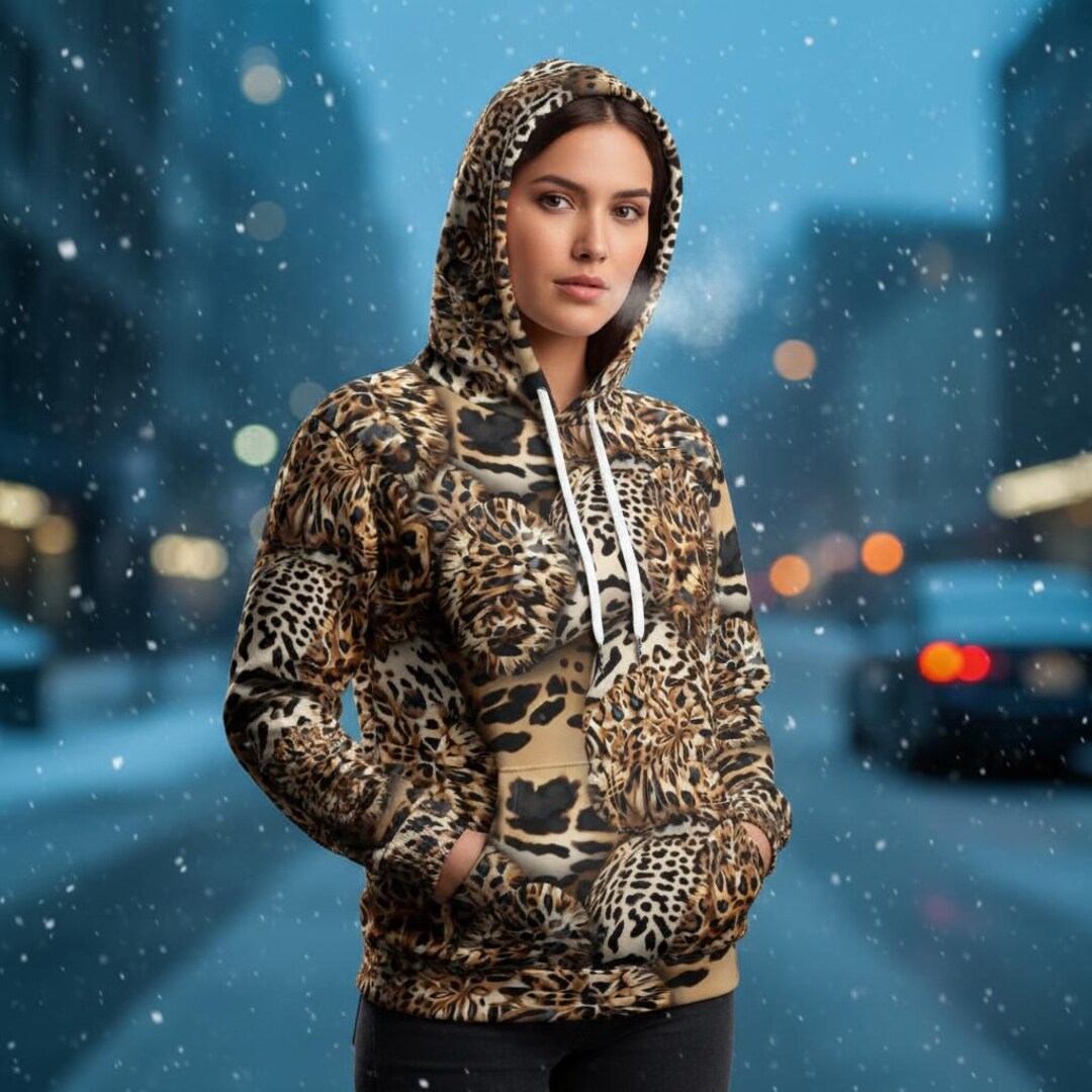Abstract Leopard Print Hoodie, Unisex Lightweight All-over Animal
