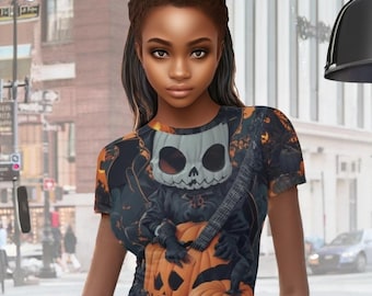 Halloween Crop Top: Spooky Pumpkin & Skeleton Print Tee