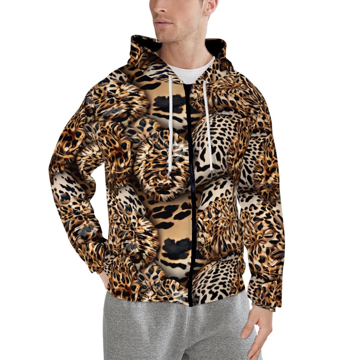 Bold White Leopard Print Men's Zip Hoodie - All-over Animal