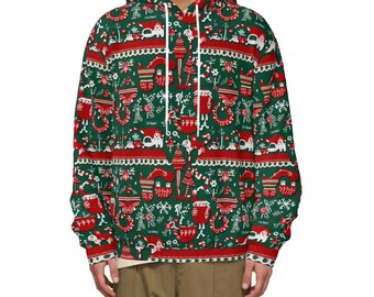 Sudadera navideña fea con estampado integral / Sudadera ligera festiva con reno de Papá Noel y bolsillos