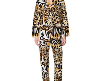 Flanell-Pyjama-Set mit Leopardenmuster - PJs mit fettem Tierdruck, Lounge-Nachtwäsche