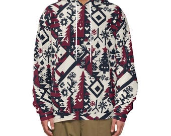Nordic Christmas Hoodie: Geometric Reindeer Print, Unisex Holiday Sweater