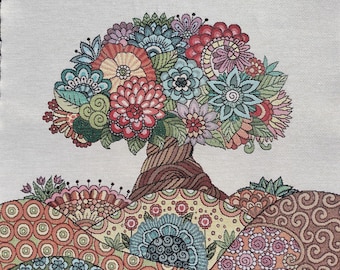 Jacquard Square 47x47 cm Polyester Textile Panel - Flower Tree - For Sewing, Decoration & Creative Hobbies