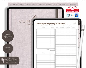May include: The Clinician's Calendar digital planner with a light pink cover and a tablet displaying a budgeting and finance layout. Includes a stylus and text: "380+ Detailed Pages" and "Minimalist Layout, Intuitive Use of Icons & Color Balance."