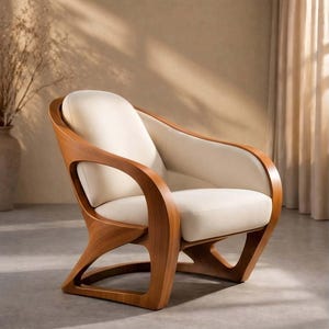 Sillón escultural moderno de mediados de siglo en nogal, con reposabrazos curvo tapizado en color crema.