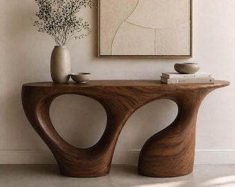 Rzeźbiony stolik konsolowy z orzecha włoskiego, nowoczesny organiczny przedpokój, meble do przedpokoju z połowy XX wieku