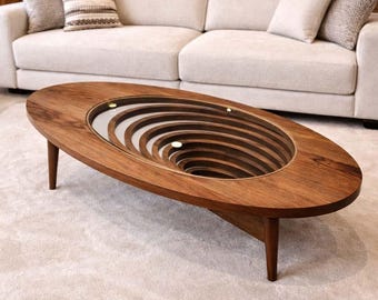 Mid Century Modern Walnut Oval Coffee Table, Spiral Glass Top Living Room Furniture